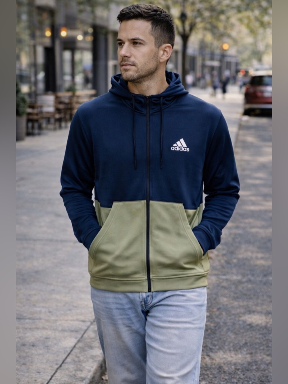 Adidas Men’s Colorblock Full Zip Hoodie Navy Olive Size M